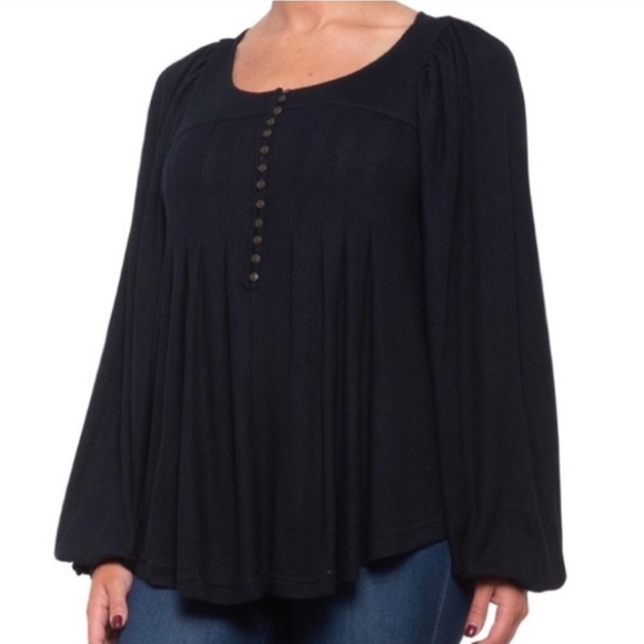 Free People Tops - Free People Black Devon Relaxed Long Sleeve Blouse Oversized Boho Hippie Size XS